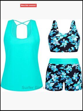 3 Piece Tankini Set with Shorts Plus Size Swimwear Modest Bathing Suit